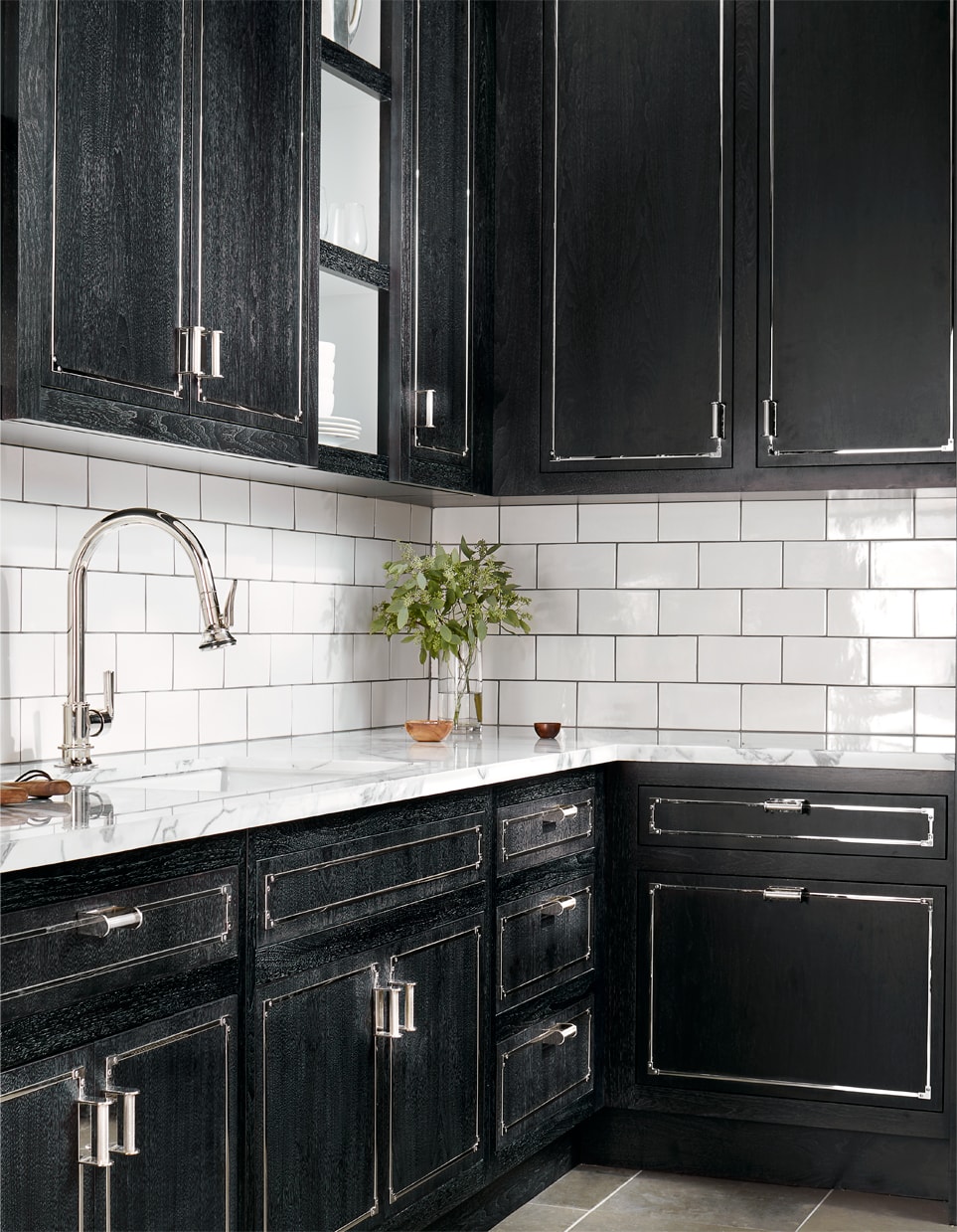 PULLMAN CABINETRY, HENRY PULL DOWN FAUCET, CLAYBURN SINK AND  ARCHITECTONICS  BACKSPLASH IN PAPERWHITE